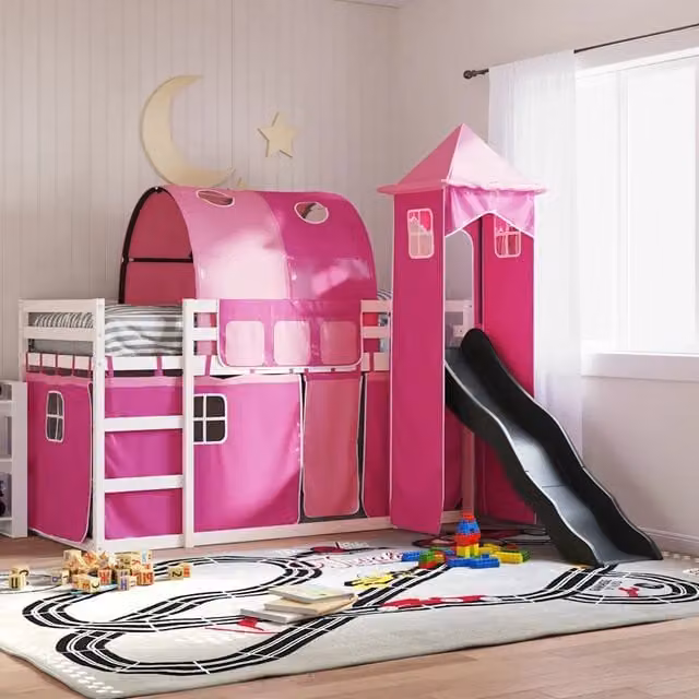 Letto a castello per bambini vidaXL in legno di pino con scivolo e tende rosa L/P/H: 205.5 x 90 x 113 cm – 1