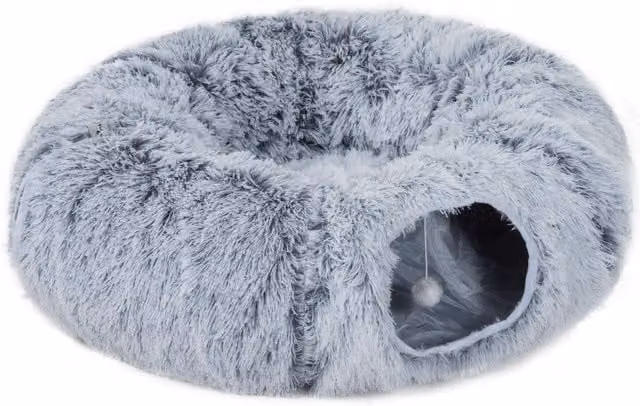 Tunnel per gatti PawHut in peluche con cuscino e telaio in metallo, pieghevole, grigio chiaro