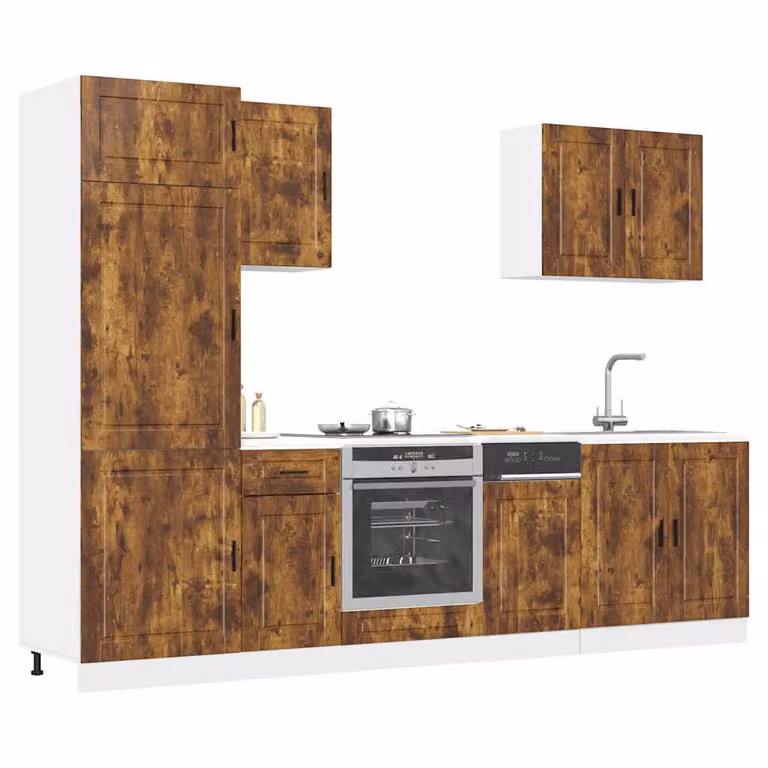 Set di mobili da cucina vidaXL composto da 7 pezzi in legno multistrato color rovere fumo, design moderno con ante a cerniera e cassetti, H 207 x L 60 x P 57 cm