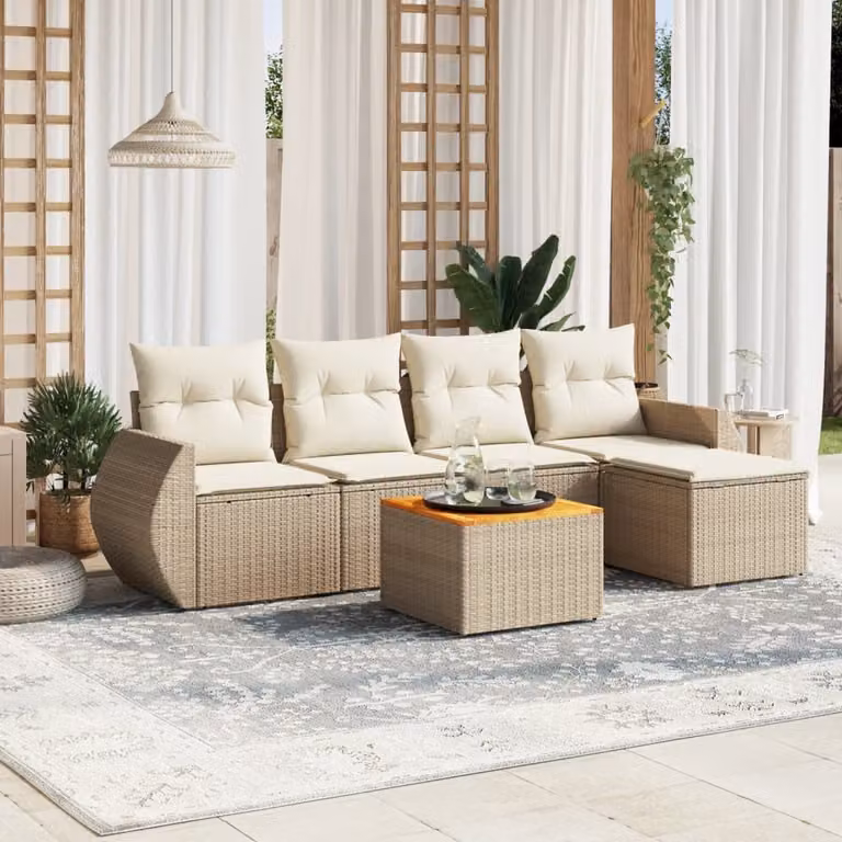 vidaXL Set Divano da Giardino a L in Polyrattan Beige con Cuscini e Tavolino da Esterno