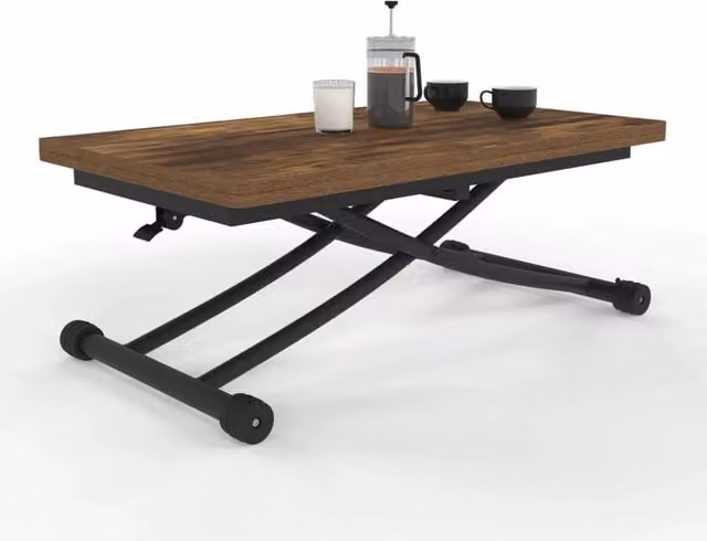 IDMarket Tavolino 2 in 1 URBANA trasformabile in tavolo da pranzo rettangolare con meccanismo a sollevamento e ruote, design industriale, marrone e nero