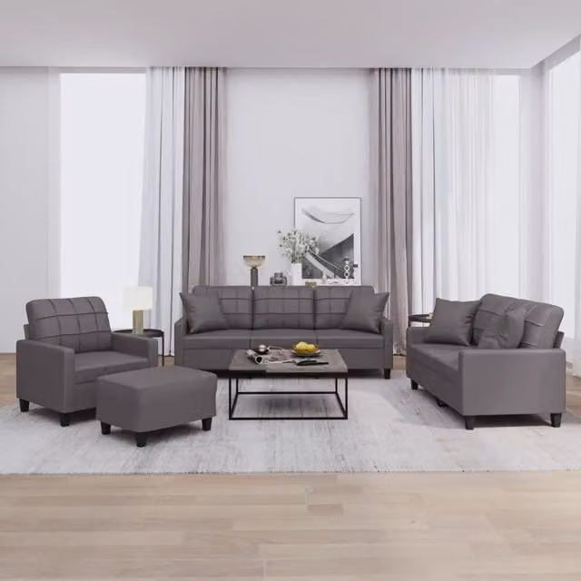 vidaXL Set di Divani 4 pz in Similpelle Grigio con Cuscini e Ottoman per Soggiorno