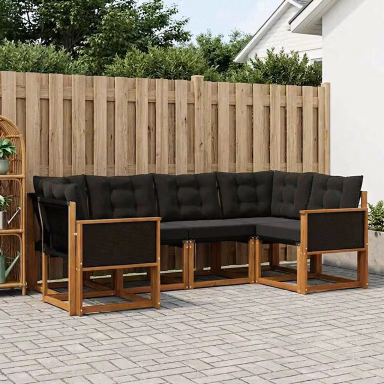 Set di divani da esterno vidaXL 6 pz in legno di acacia con cuscini in textilene, forma a L, colore marrone e nero