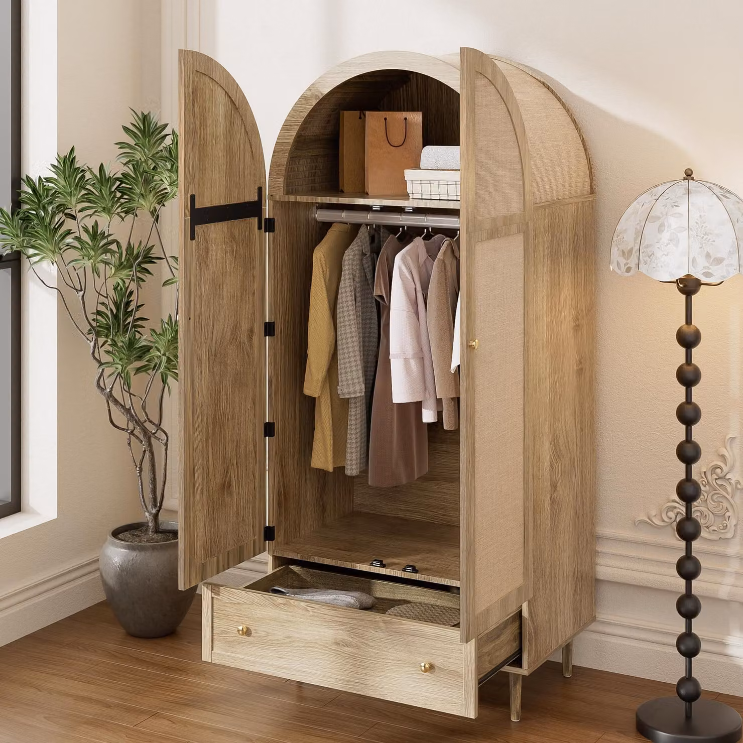 okwish Armadio per corridoio con asta appendiabiti e cassetti, armadio girevole con archi frontali, rovere