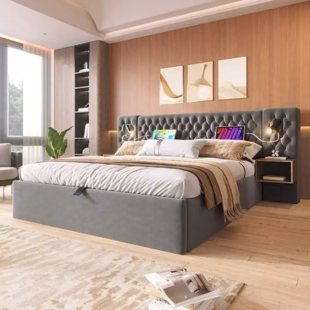Letto matrimoniale 160×200 cm con contenitore idraulico, 2 comodini, luci lettura USB e Type C, senza materasso
