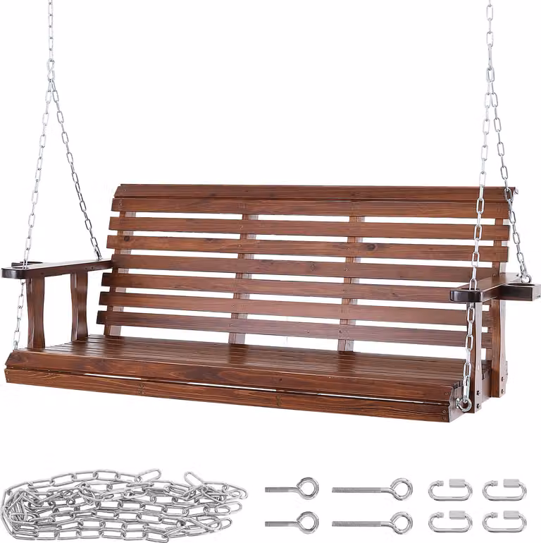 SucceBuy Altalena da portico in legno da 1,6 m, altalena da giardino per patio, capacità di carico migliorata di 400 kg, robusta panca per altalena con catene di sospensione per uso esterno, marrone