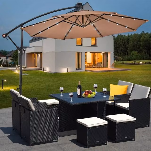 Ombrellone laterale ottagonale Ludex marrone e beige con illuminazione LED a pannello solare, diametro 3 m