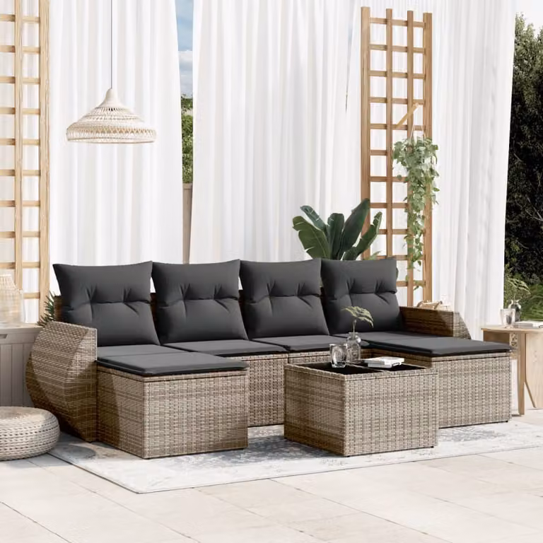 Set di divani da giardino vidaXL in polyrattan grigio con cuscini, tavolino e pouf, 7 pezzi