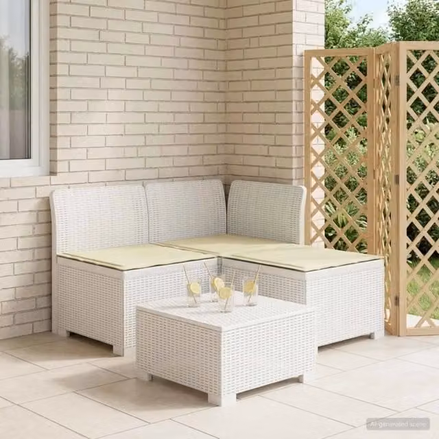 Divano da esterno a L con cuscini bianco e beige in look rattan e tessuto resistente ai raggi UV per giardino e balcone – 1