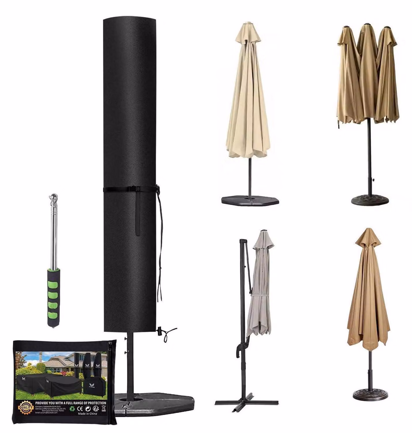 Copertura protettiva per ombrelloni, realizzata in tessuto Oxford 600D, dimensioni 265x70x70 cm, colore nero, resistente ai raggi UV, impermeabile e antivento