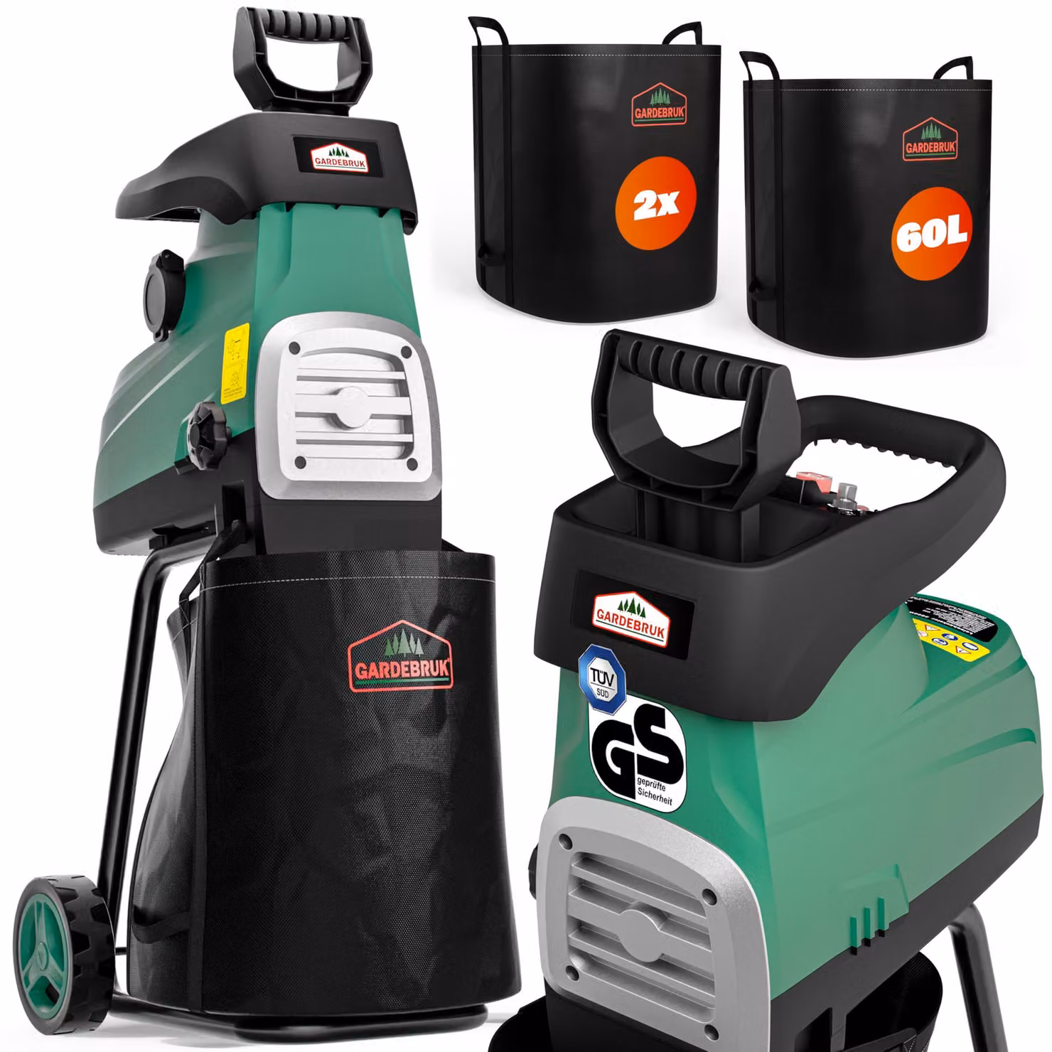 Trituratore elettrico da 3100 W - Diametro di triturazione 44 mm - 2 sacchi di raccolta da 60 litri - Materiale: plastica e metallo - Ideale per la lavorazione di rifiuti da giardino
