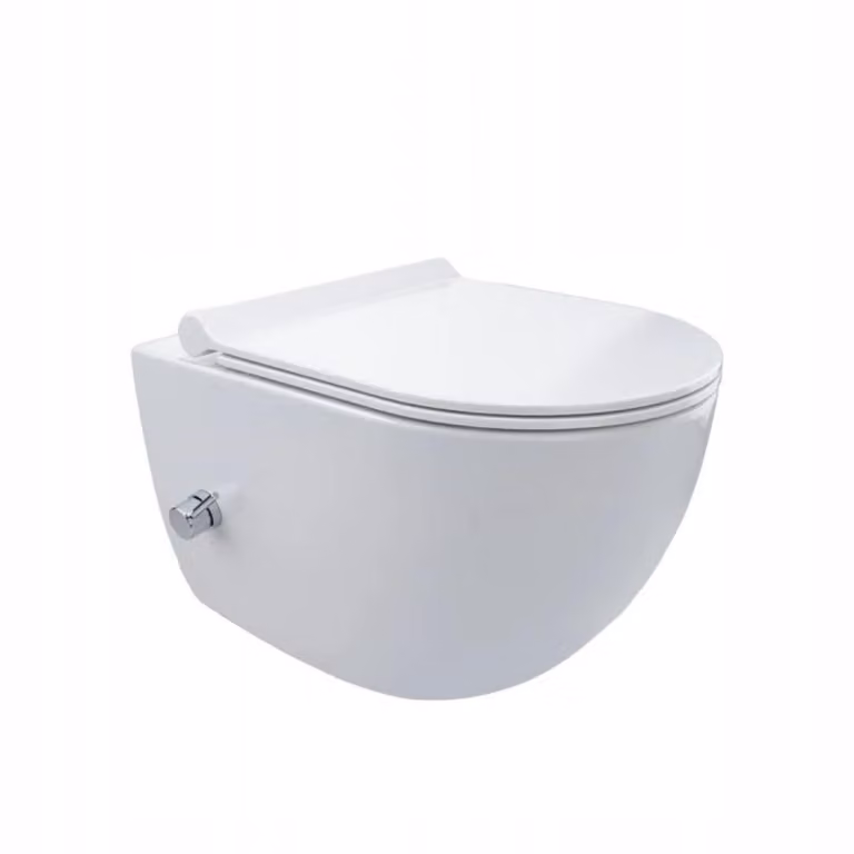 WC sospeso VBChome con funzione bidet, senza brida, in Vetroceramica bianca, con scarico a vortice. Include: sedile WC con sistema di chiusura rallentata (SoftClose) e funzione senza brida. Dimensioni: 36 x 50 x 37 cm