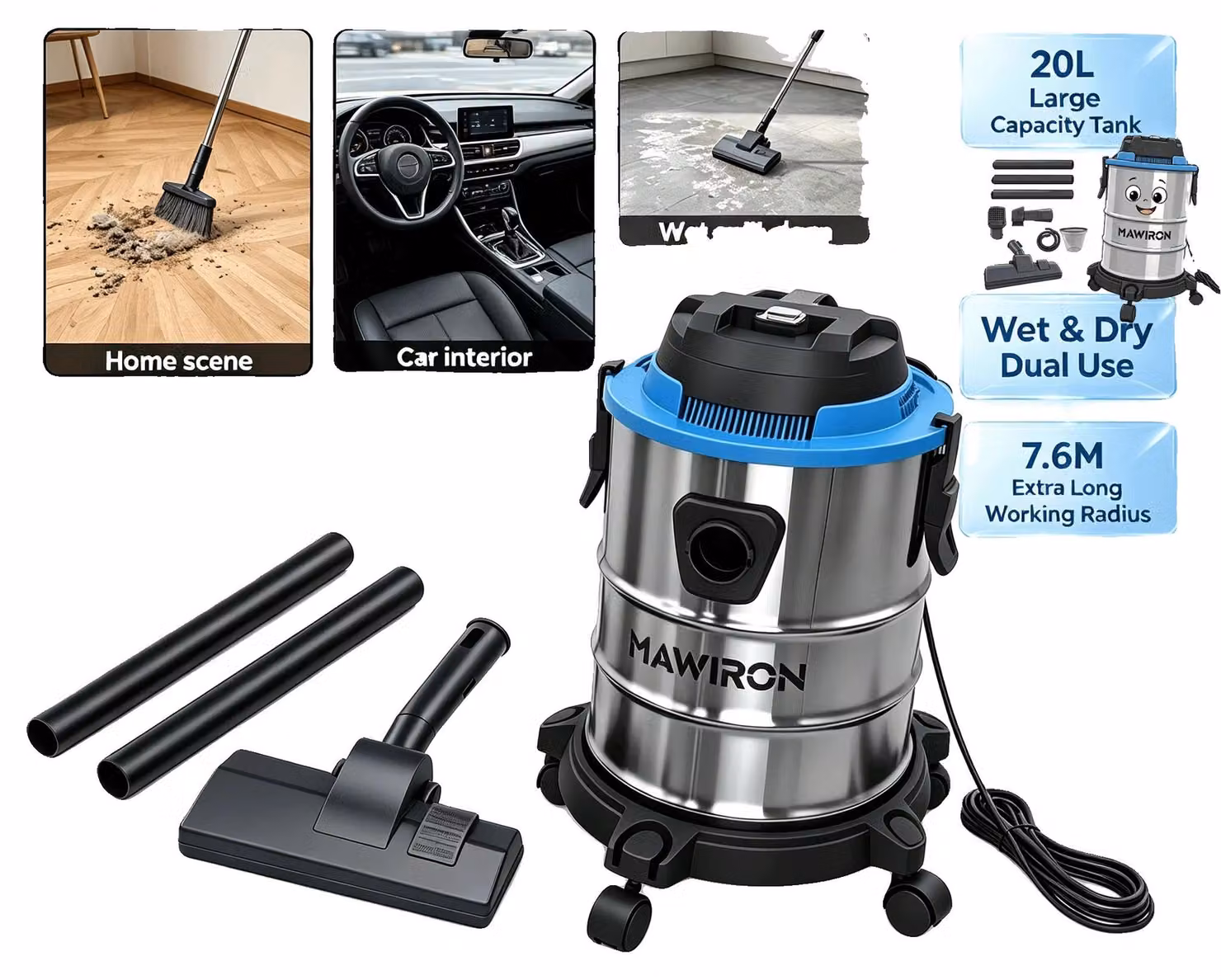 Aspirapolvere da asciutto e umido, potenza 5400W, tensione 230V, materiale: acciaio inossidabile, lunghezza del cavo: 5 metri, utilizzo versatile