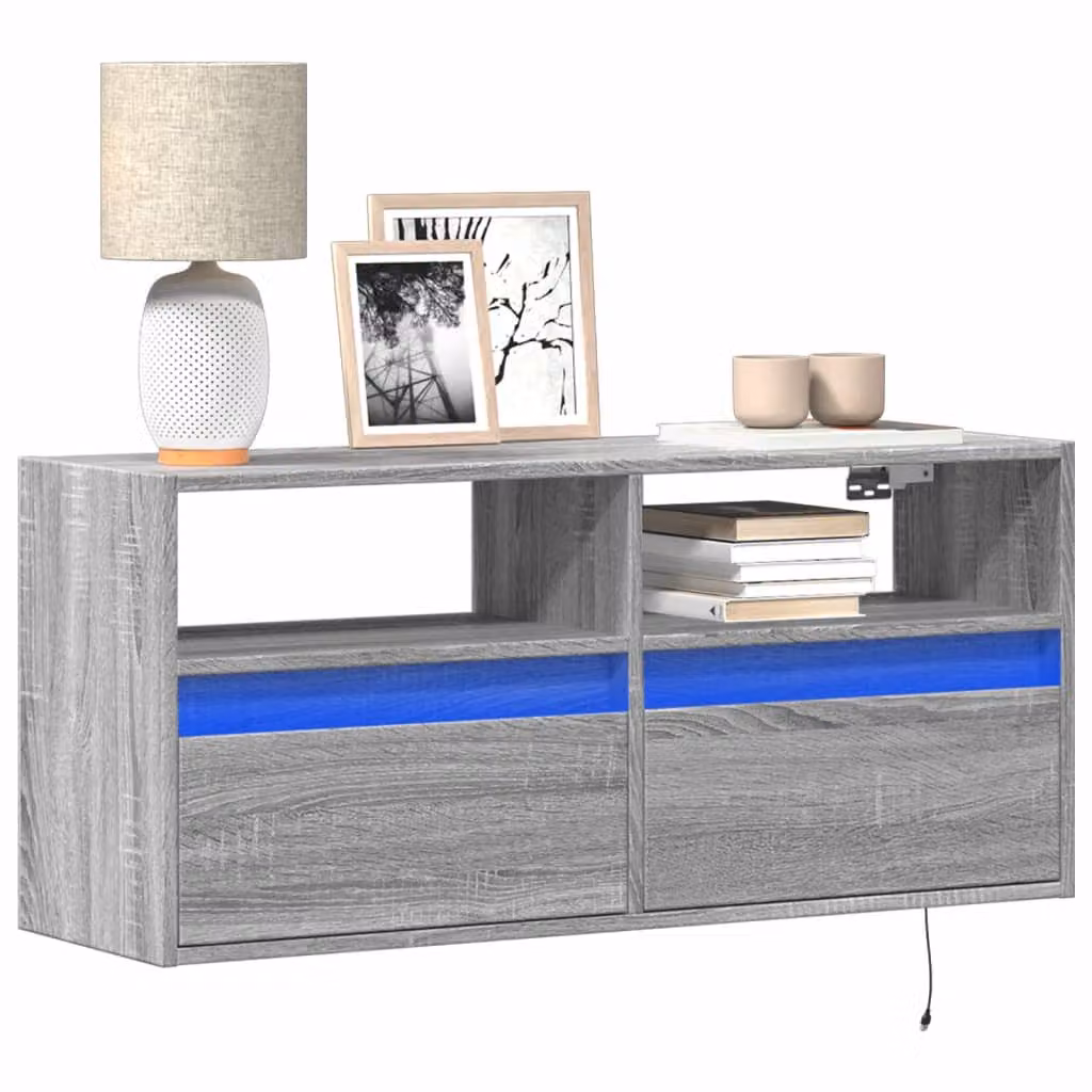 Mobile TV a parete con luci LED vidaXL, Grigio Sonoma, L: 100 cm, P: 31 cm, H: 45 cm