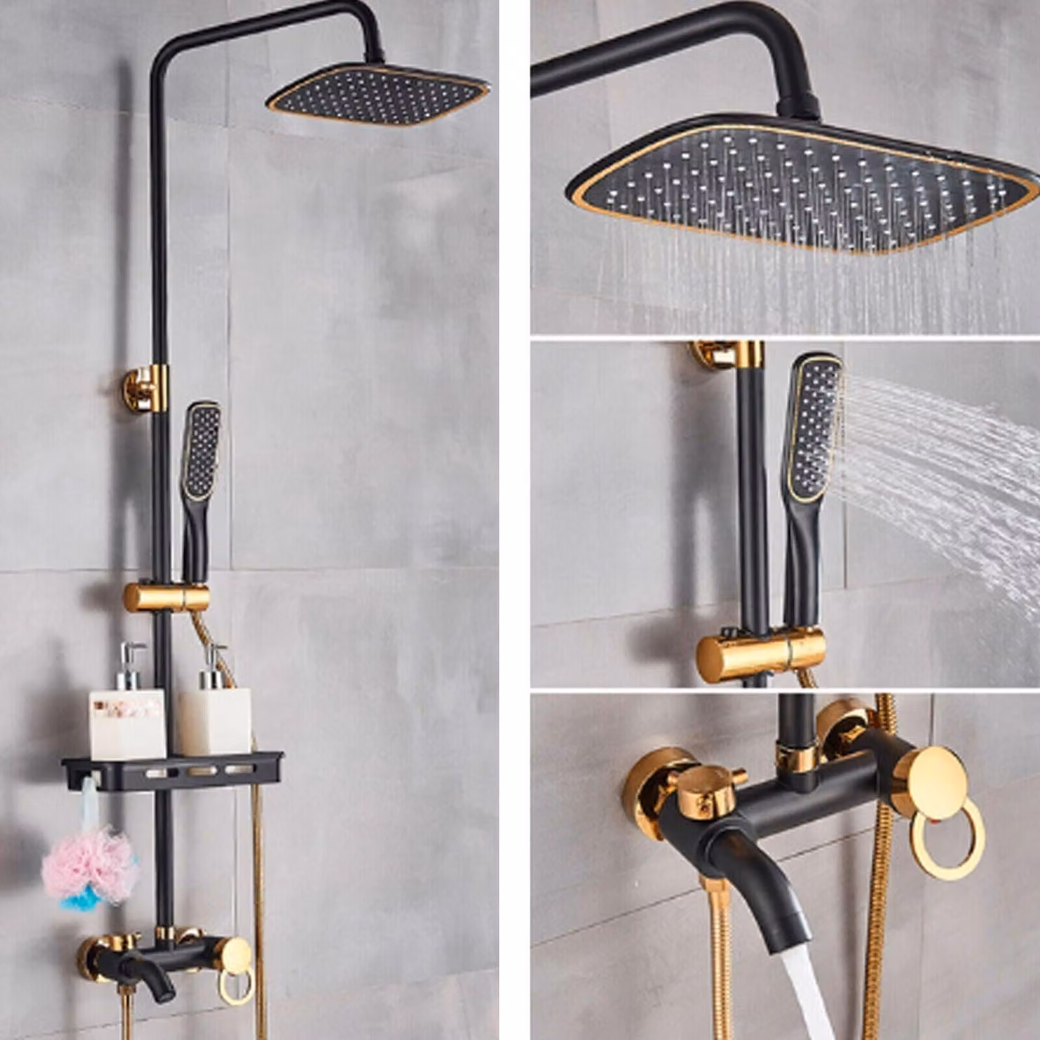 Doccia set - Miscelatore per doccia - Doccia a pioggia - Doccetta - Ugello doccia - Con termostato - Nero oro - Con portasciugamani