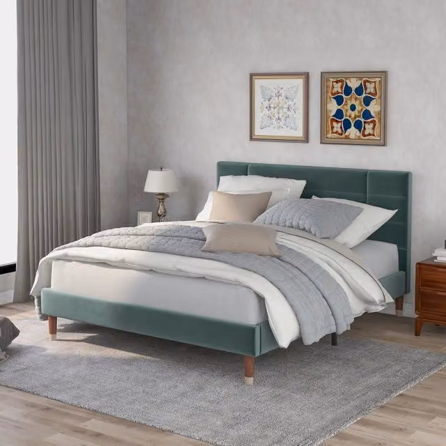 Letto matrimoniale 140 × 200 cm in velluto con testiera imbottita, materasso incluso, verde scuro