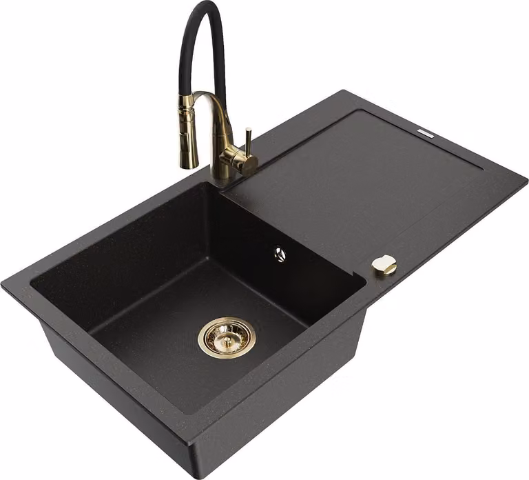 Mexen Leo lavello in granito a 1 vasca con scolapiatti e rubinetto da cucina Aster, nero/oro metallizzato - 6501-75-73450-57-G