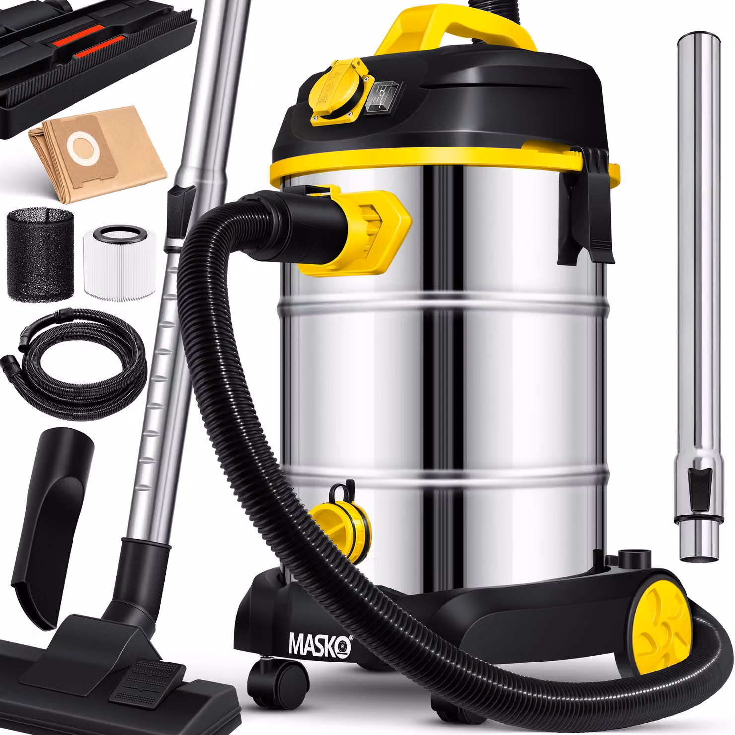 MASKO® Aspirapolvere industriale, aspiraliquidi e asciutti, acciaio inossidabile, potenza massima 1800W