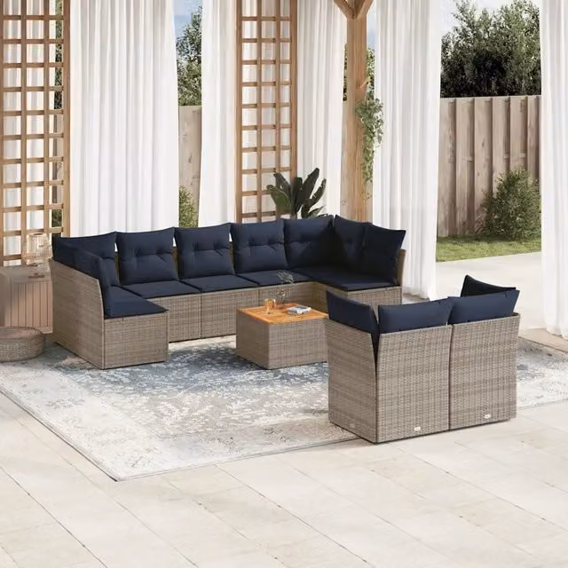 Set Divani da Giardino 10 pz con Cuscini Grigio in Polyrattan 3256145