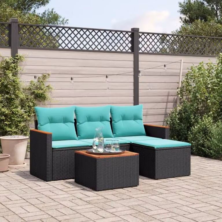 Set Divani da Giardino vidaXL 5 pz in Polyrattan con Cuscini e Tavolino, Design Moderno a L con Struttura in Acciaio e Legno di Acacia