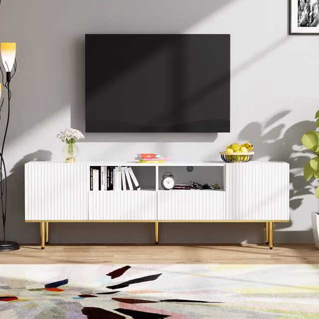 Mobiletto Porta TV Moderno GL Store in Legno Bianco Opaco con Due Ripiani e Due Cassetti, L: 165 cm, P: 36 cm, H: 55 cm – 1
