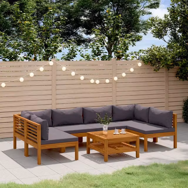 Set da giardino moderno vidaXL composto da 7 pezzi in legno di acacia con cuscini grigi e tavolino da caffè – 1