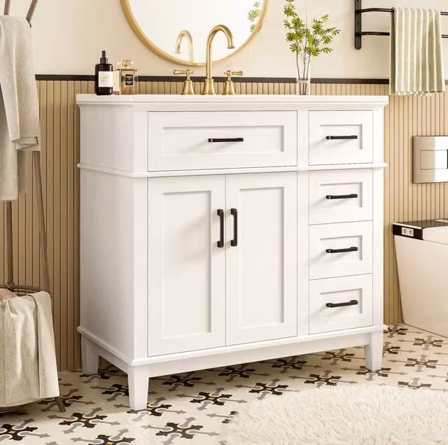 Mobile bagno 90x46x87 cm bianco con lavabo in ceramica integrato e maniglie nere