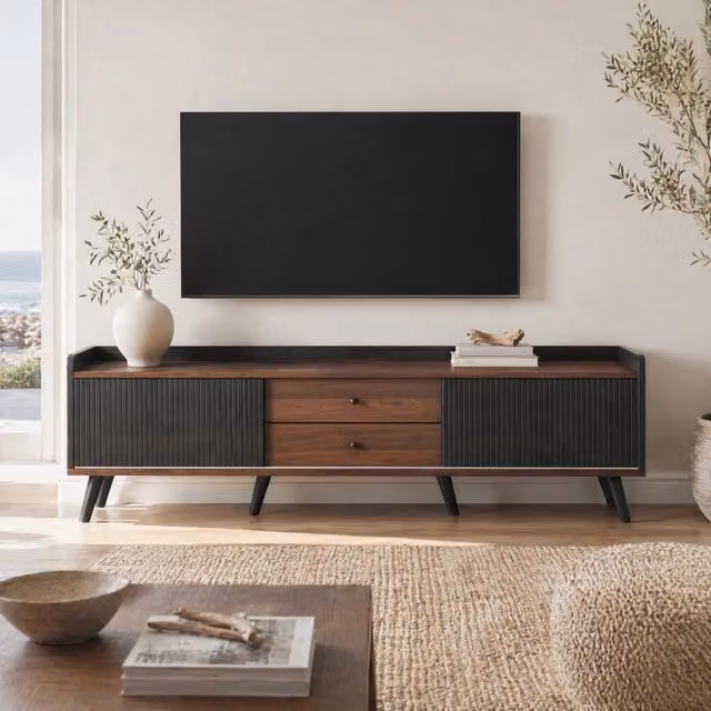 Mobile TV con 2 cassetti e 2 ante scorrevoli; 160x40x58 cm; nero e legno