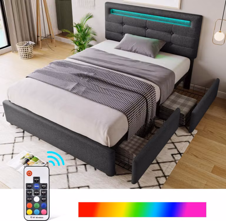 Letto imbottito 90x200, con illuminazione LED, 2 cassetti, testiera regolabile in altezza, rete a molle, senza materasso.