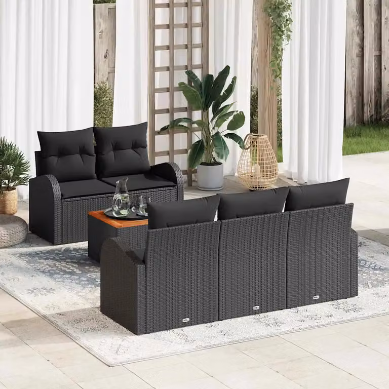 Set Divano da Giardino vidaXL 6 Pezzi Nero con Cuscini e Tavolino in Metallo e Rattan
