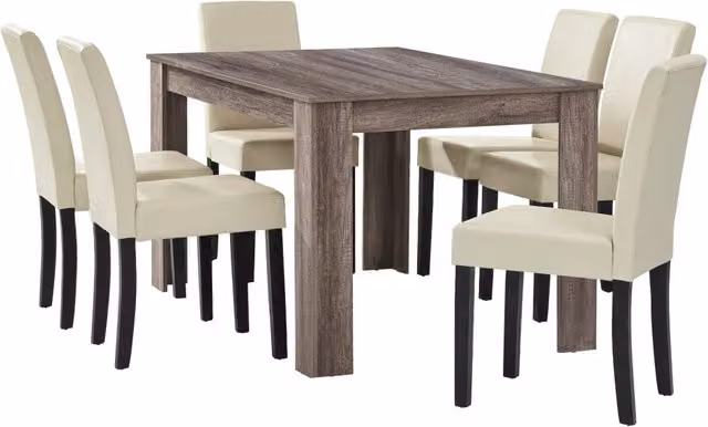 Set Pranzo con Tavolo 140x90 cm e 6 Sedie in Similpelle - Effetto Rovere Antico / color Crema [en.casa]