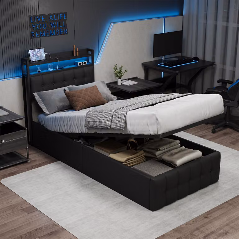 Letto imbottito 90x200 cm con contenitore, luci LED RGB, porta USB-C, 2 porte USB, testiera con spazio contenitivo, sistema di sollevamento idraulico, rete a doghe, letto singolo, colore nero