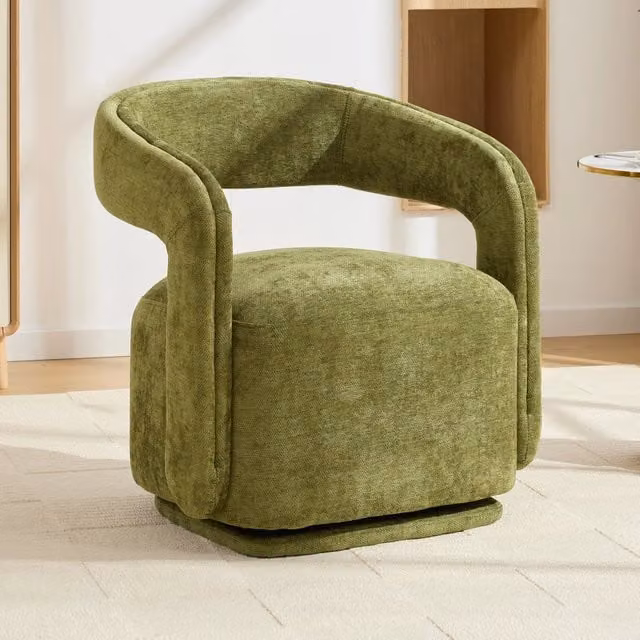 Poltrona girevole MIVRAY in tessuto chenille verde con struttura in legno e imbottitura in schiuma, L: 74 cm, P: 65,5 cm, H: 70 cm