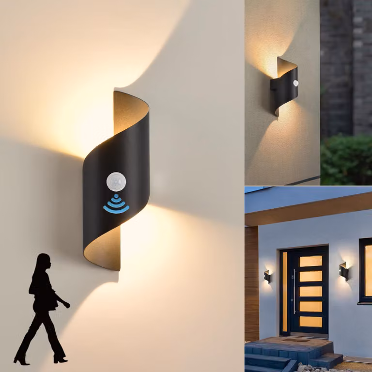Lampada da parete esterna in metallo con sensore di movimento, 3000 K, colore nero, grado di protezione IP65