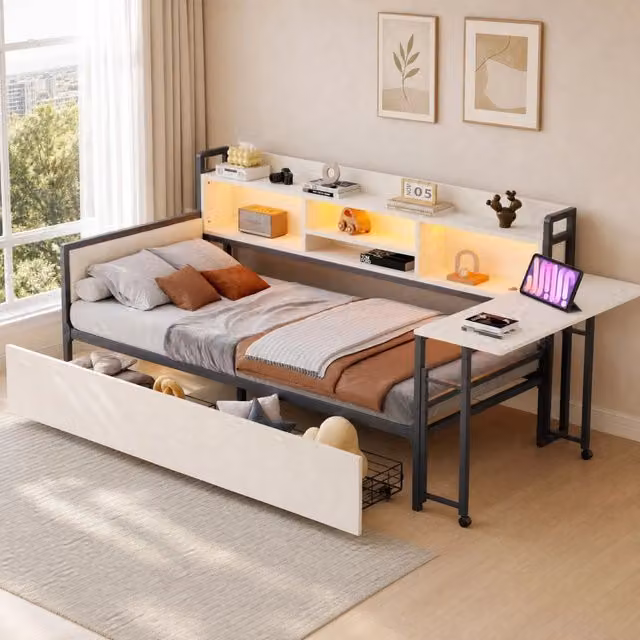 Letto multifunzione singolo 90x200 cm in metallo con LED; scrivania e cassetti; bianco