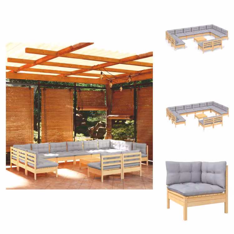 vidaXL Set di 13 pezzi da giardino con cuscini grigi in pino massiccio - Set di mobili da giardino