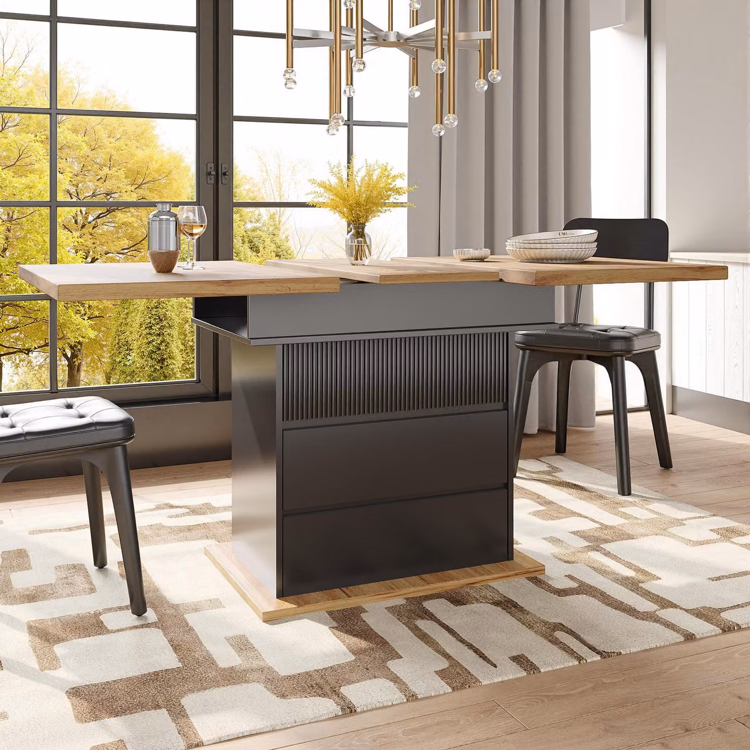 Tavolo da pranzo Flieks allungabile con armadio e cassetti, tavolo telescopico rettangolare, tavolo da cucina 110-140x80x75 cm, colore legno e nero