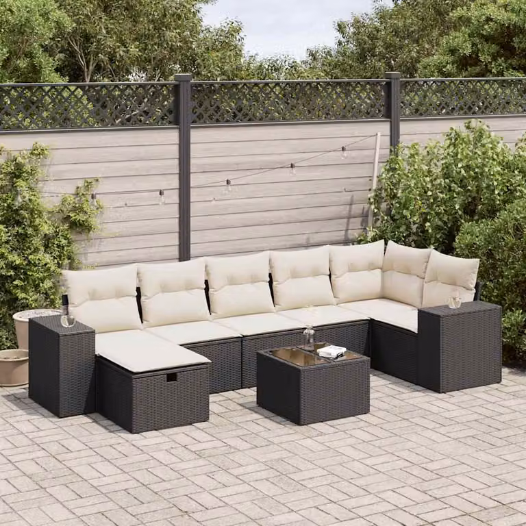 Set Divani da Giardino vidaXL in Polyrattan Nero con Cuscini e Tavolino da 8 Pezzi