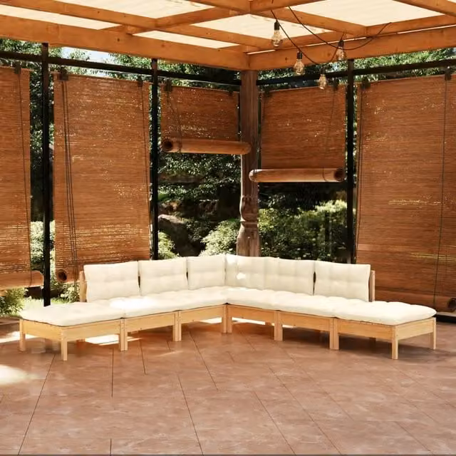 Set Salotto da Giardino 7pz con Cuscini Crema in Legno di Pino 3096322
