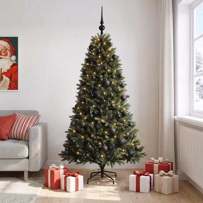 Albero di Natale Artificiale Moderno vidaXL Verde con 300 LED Warm White e Palline, Altezza: 240 cm