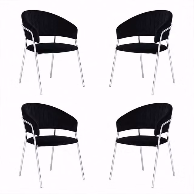 Sedie da pranzo set da 4 Aurelia in velluto nero con gambe in ferro cromato