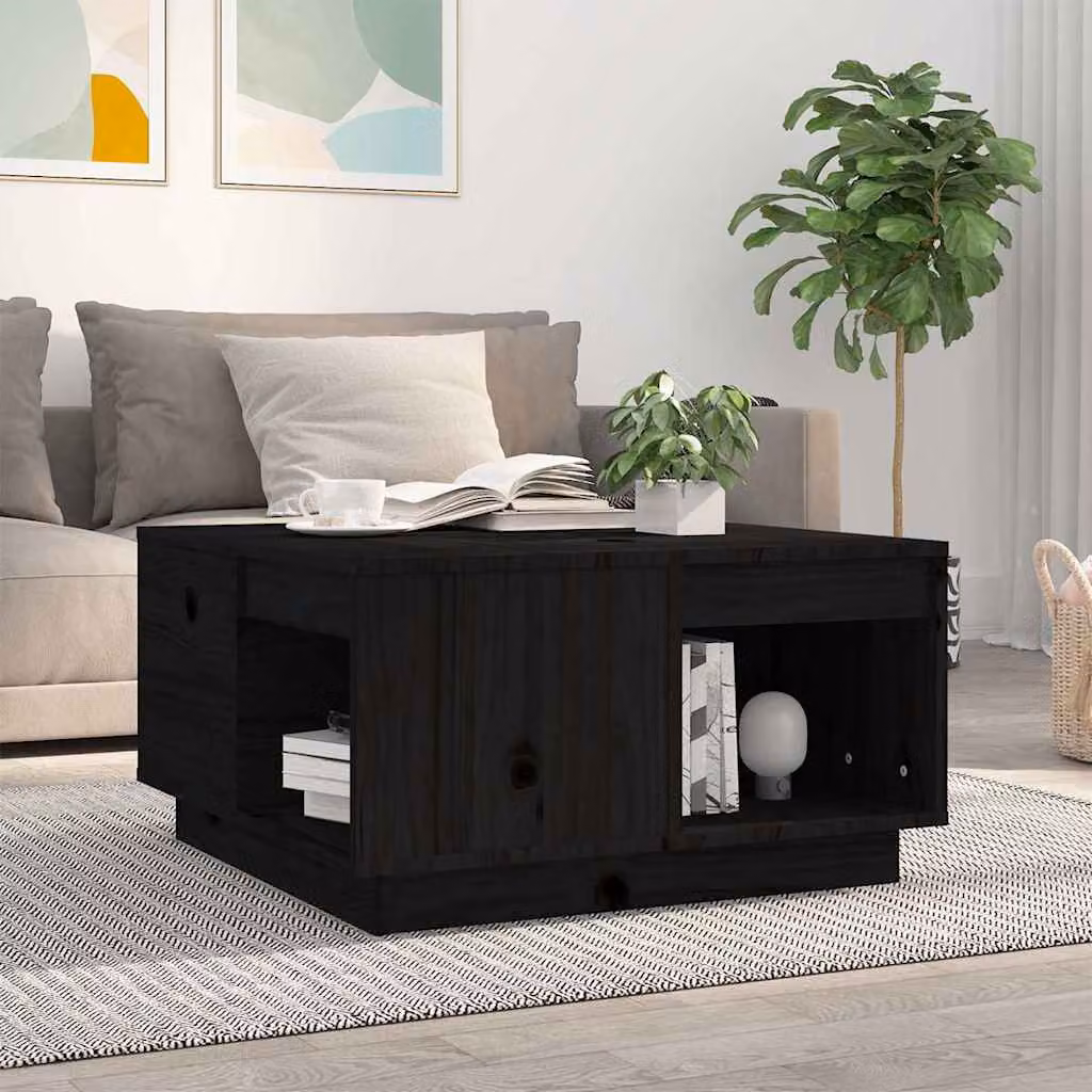 vidaXL Tavolino da Salotto Nero in Legno di Pino Massello L: 60 cm, P: 61 cm, H: 32,5 cm