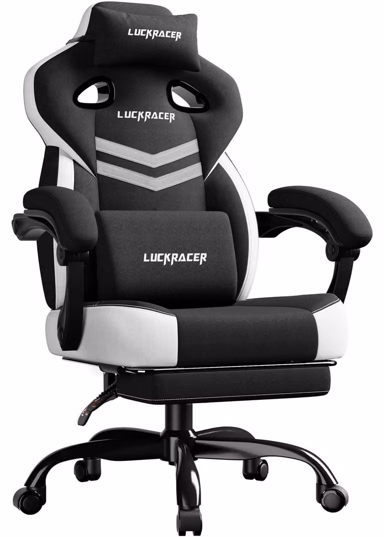 Sedia da gaming - Sedia da ufficio ergonomica LR408 - Cuscino di seduta in memory foam - Braccioli integrati - Schienale e poggiapiedi regolabili da 90 a 155° - Regolabile in altezza - Tessuto - Nero