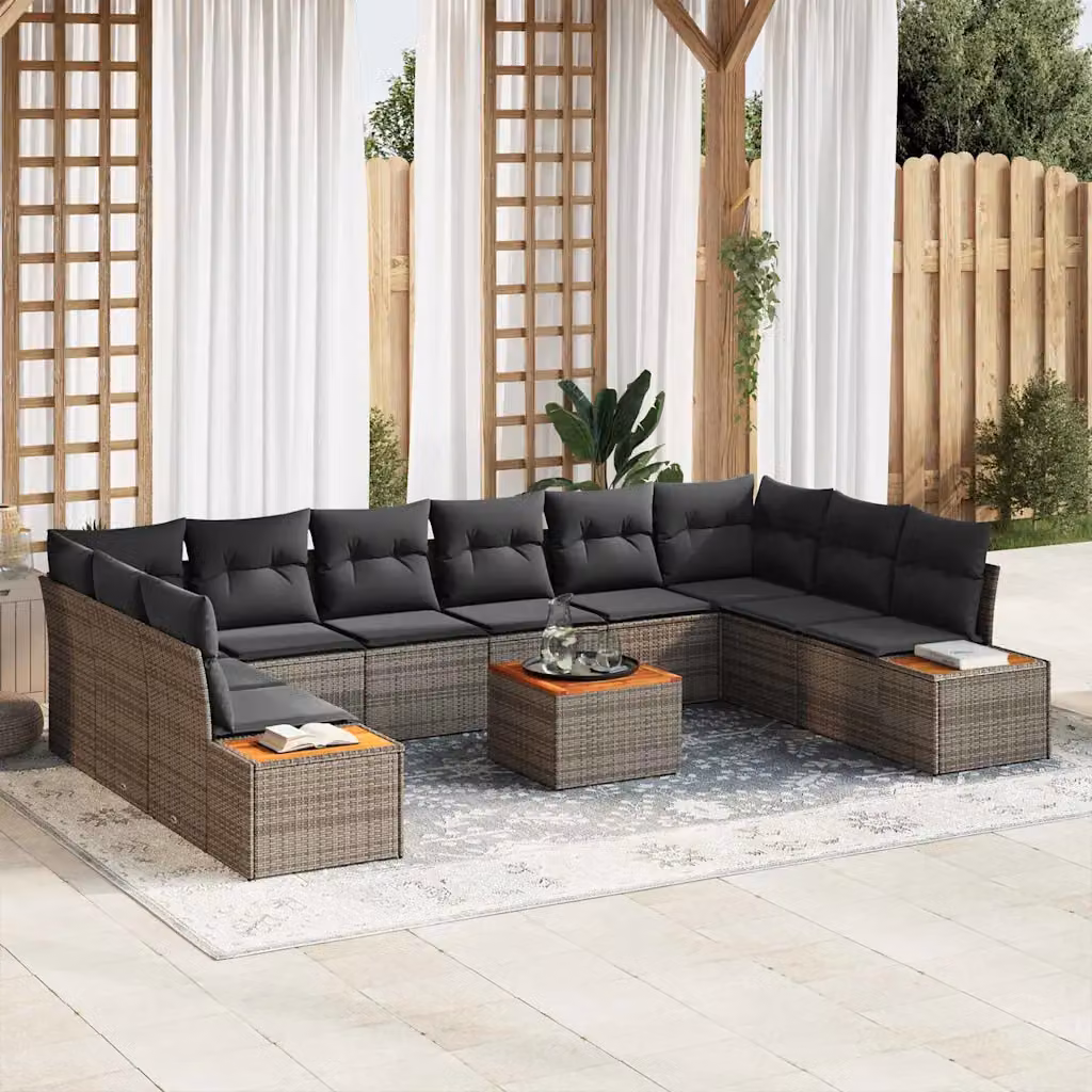 vidaXL Set Divano da Giardino a forma di U in Poly Rattan Grigio con 11 pezzi e Cuscini – 1