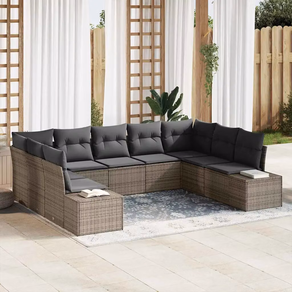 Set Divano da Giardino a L vidaXL in Polyrattan Grigio con Cuscini per 8-9 Persone – 1