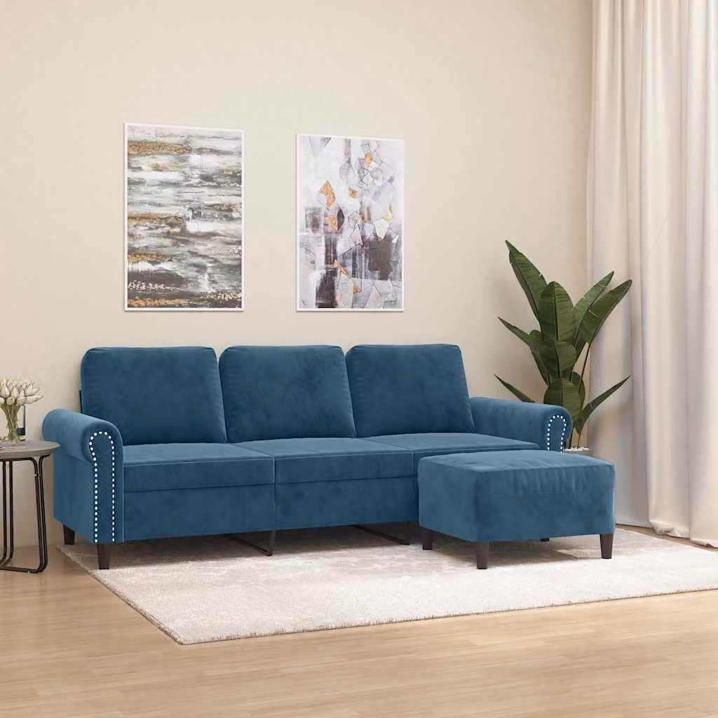 vidaXL Divano a 3 Posti in Velluto Blu con Poggiapiedi Coordinato per Soggiorno L: 212 cm, P: 80 cm, H: 77 cm – 1