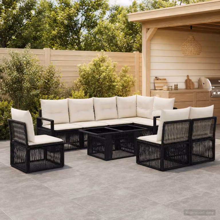 Set Divano da Giardino vidaXL 9 pz a Forma a U in Polyrattan con Tavolino e Cuscini, Nero e Bianco Crema