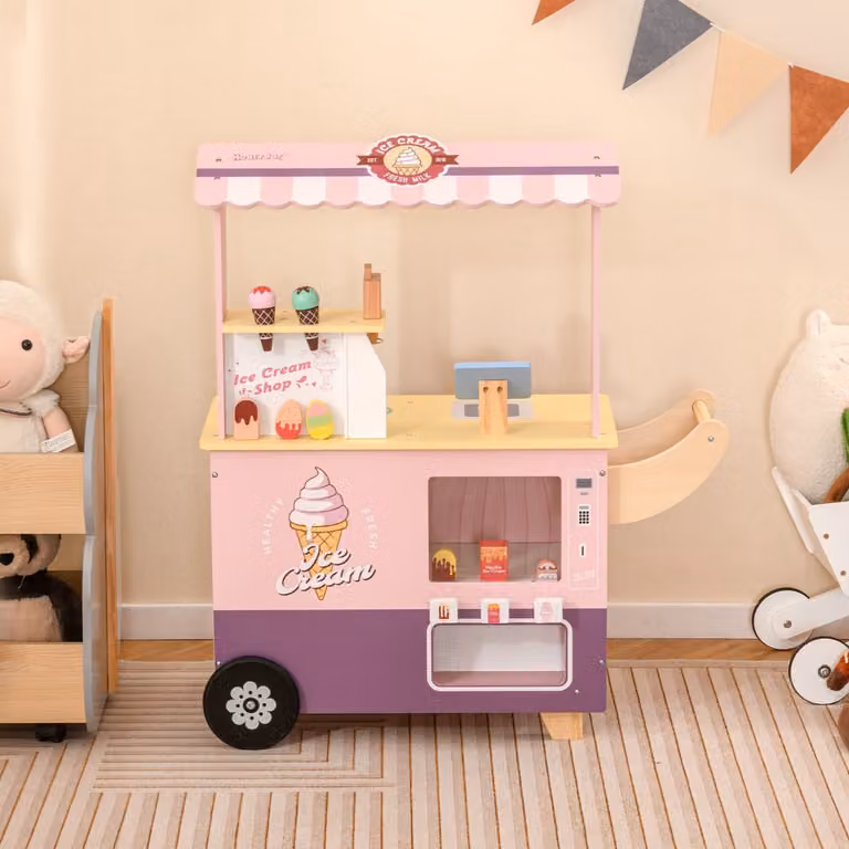 Costway Set gioco di finzione carrello dei gelati con distributore automatico Rosa