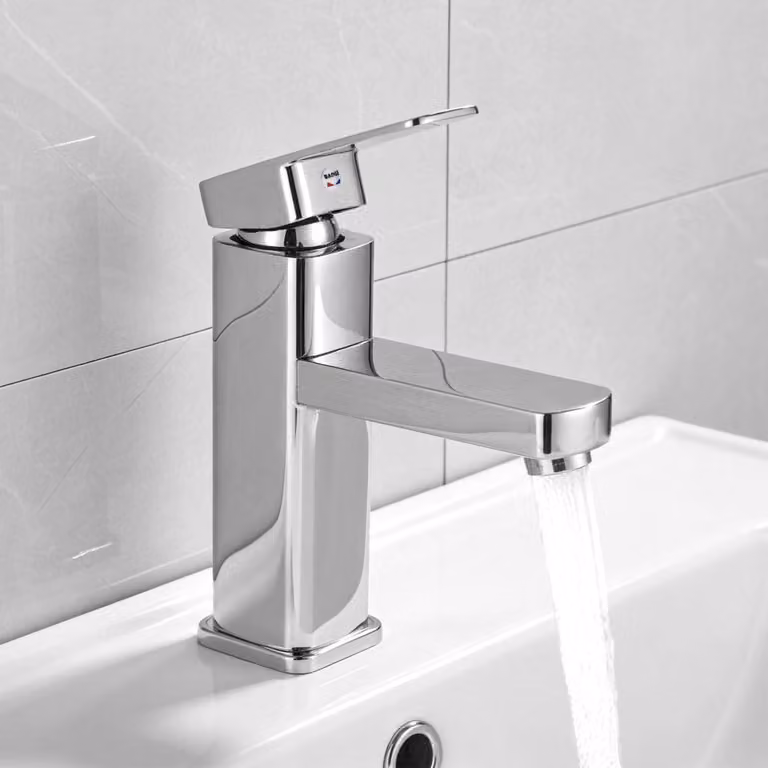 Miscelatore per lavabo, monocomando, acciaio inossidabile, ottone, finitura argento opaco, acqua calda/fredda