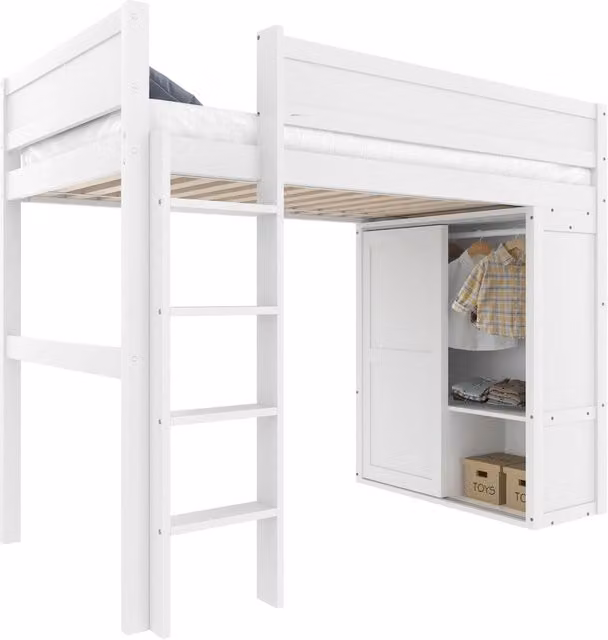 Letto a soppalco singolo REDOM con armadio e vano contenitore, bianco, L/P/H: 200 x 90 x 165 cm – 1